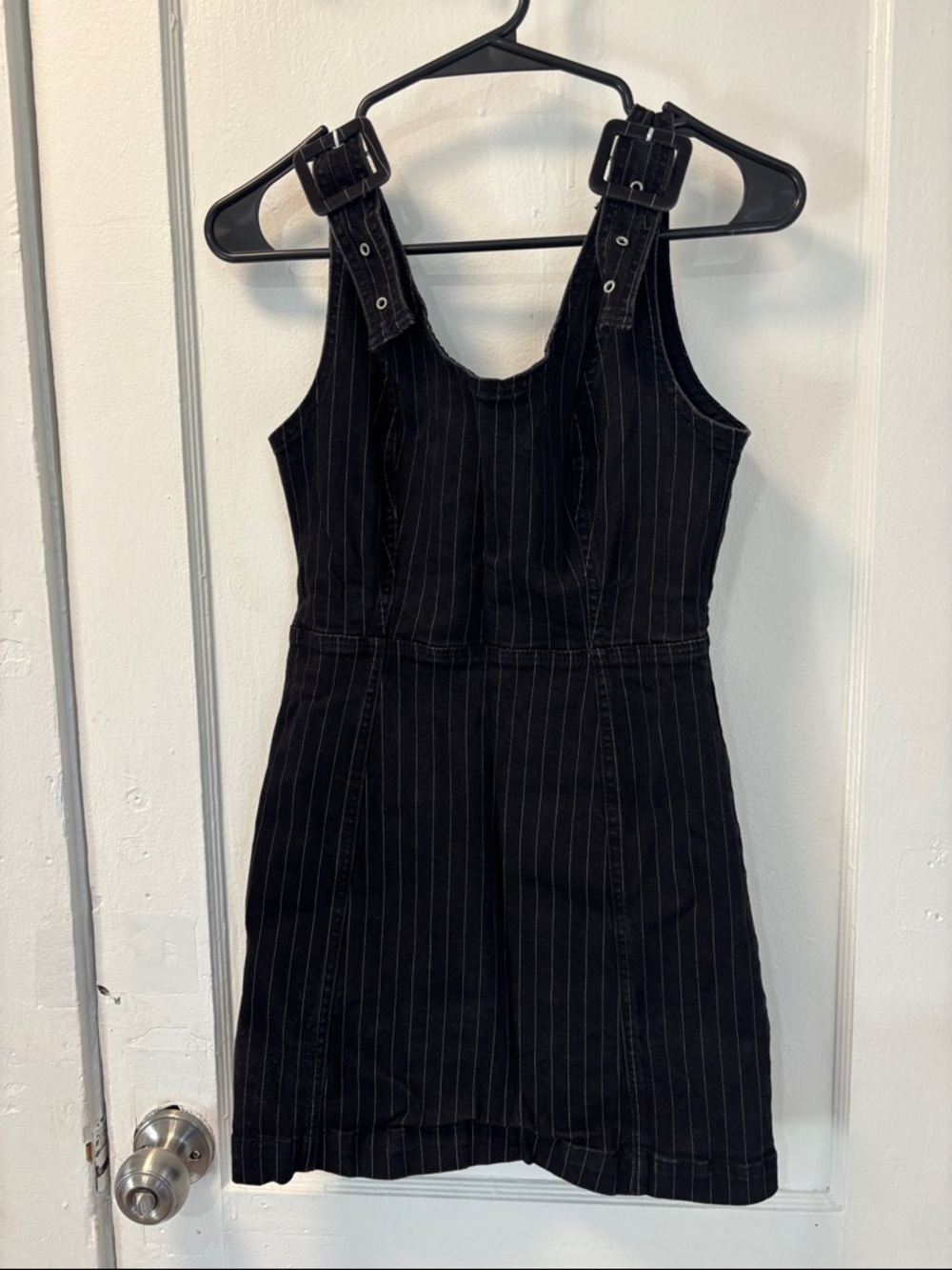 Urban Outfitters Black Pinstripe Pinafore Dress with Buckle Straps size medium